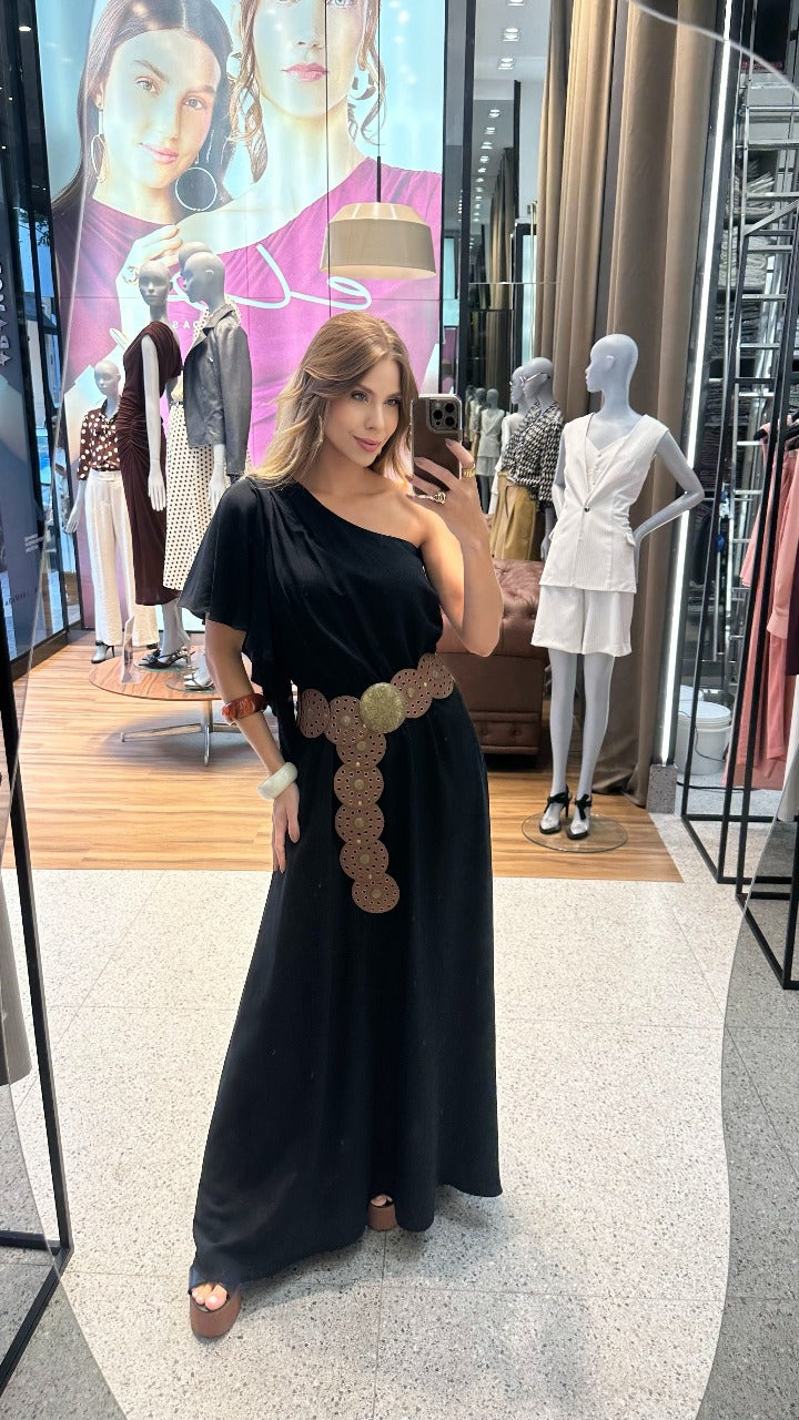 VESTIDO LONGO OMBRO UNICO COM JABO E FAIXA