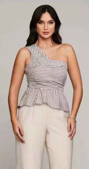 Blusa one shoulder assimétrica em tricoline listrado