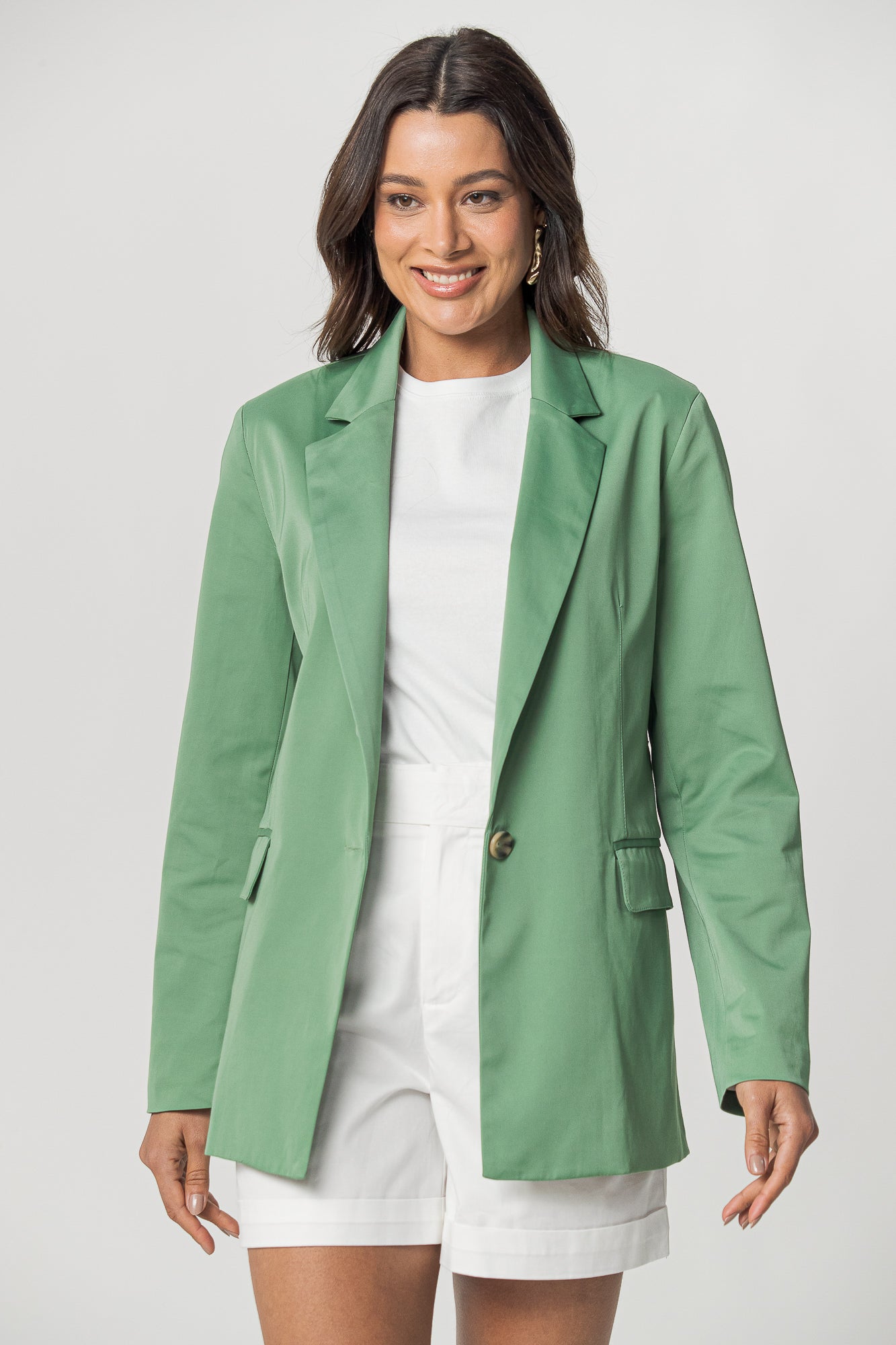 Blazer Alongado de Alfaiataria Clássica e Moderna com Cinto - Sofisticação Versátil para o Verão, cor Verde