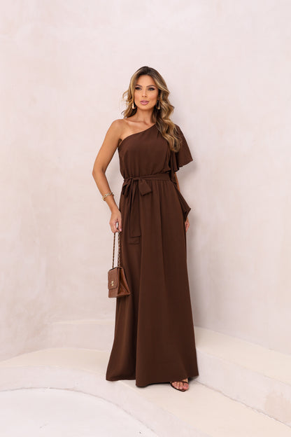 VESTIDO LONGO OMBRO UNICO COM JABO E FAIXA