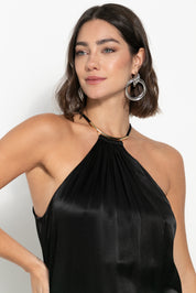 Vestido halter neck acetinado, cor preto e Amarelo