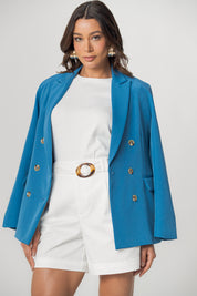 Blazer Transpassado de Alfaiataria com Shape Reto, cor azul.