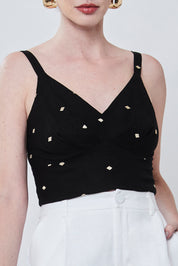 Blusa Cropped com Linho, Bordado com Decote V e Alças Finas, cor preto