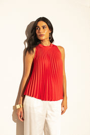 Blusa em cetim plissada com faixa, Vermelho