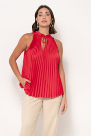 Blusa em cetim plissada com faixa, Vermelho