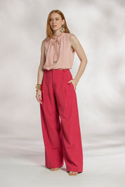 Calça Wide Leg Alfaiataria Pregas Botões Forrados Cintura Alta, Cor Rosa Pink