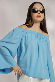 Blusa Ombro a Ombro Viscose Franzido Busto Fendas Laterais, Cor azul celeste