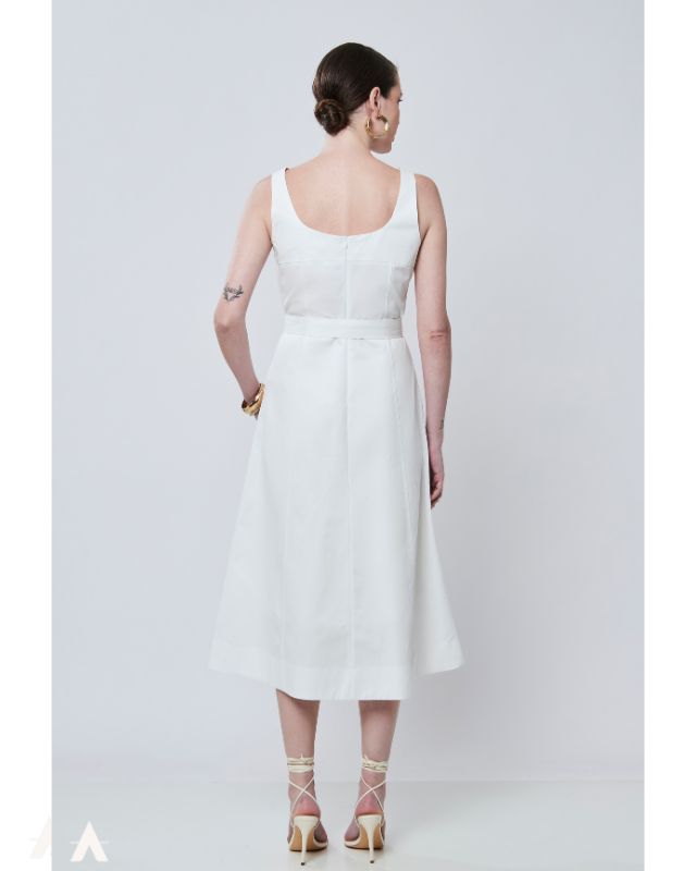 Vestido Midi em Sarja Aramodu - Cor Off White, Sem Mangas