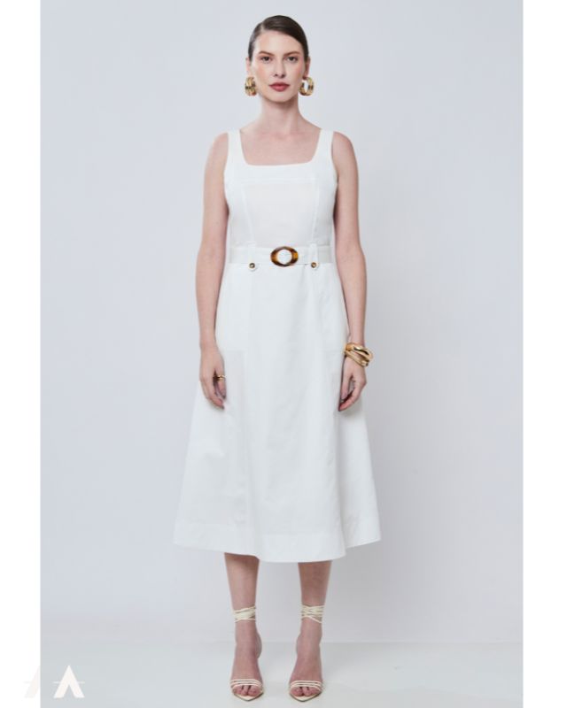 Vestido Midi em Sarja Aramodu - Cor Off White, Sem Mangas