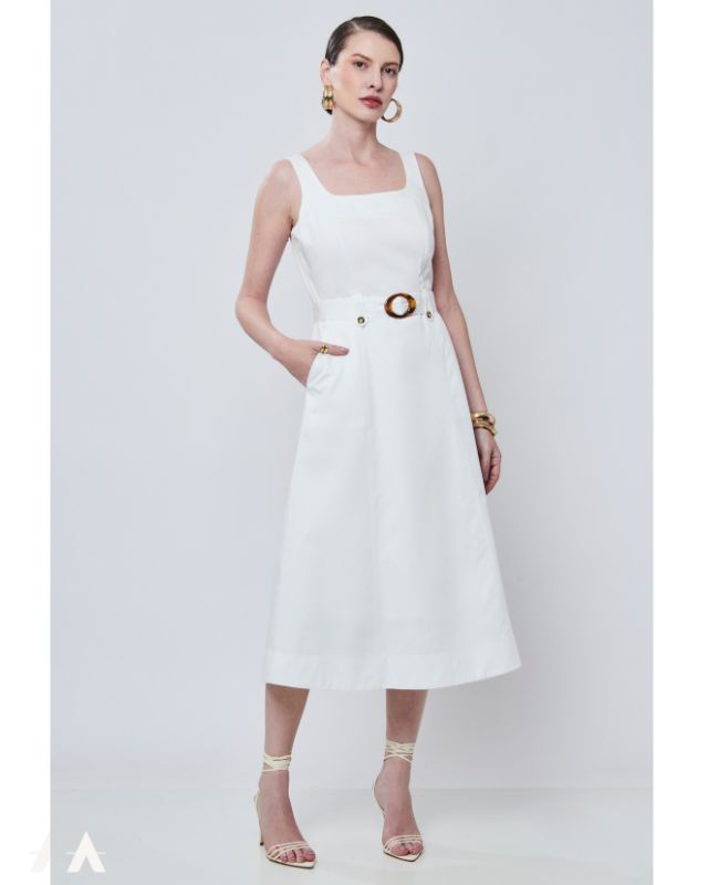 Vestido Midi em Sarja Aramodu - Cor Off White, Sem Mangas