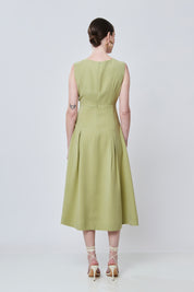 Vestido Midi Alfaiataria Aramodu - Pregas e Decote em V, cor verde