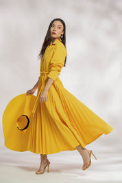 Vestido Midi Alfaiataria Plissado Cordão Encapado, cor Amarelo