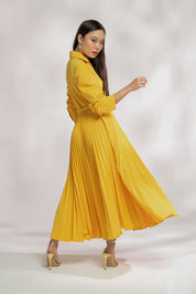 Vestido Midi Alfaiataria Plissado Cordão Encapado, cor Amarelo