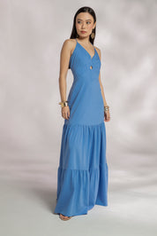 Vestido Longo Viscose Recortes Cut Out Decote V Aramodu, cor azul.