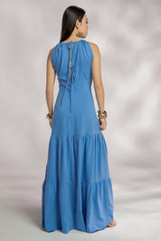 Vestido Longo Viscose Recortes Cut Out Decote V Aramodu, cor azul.