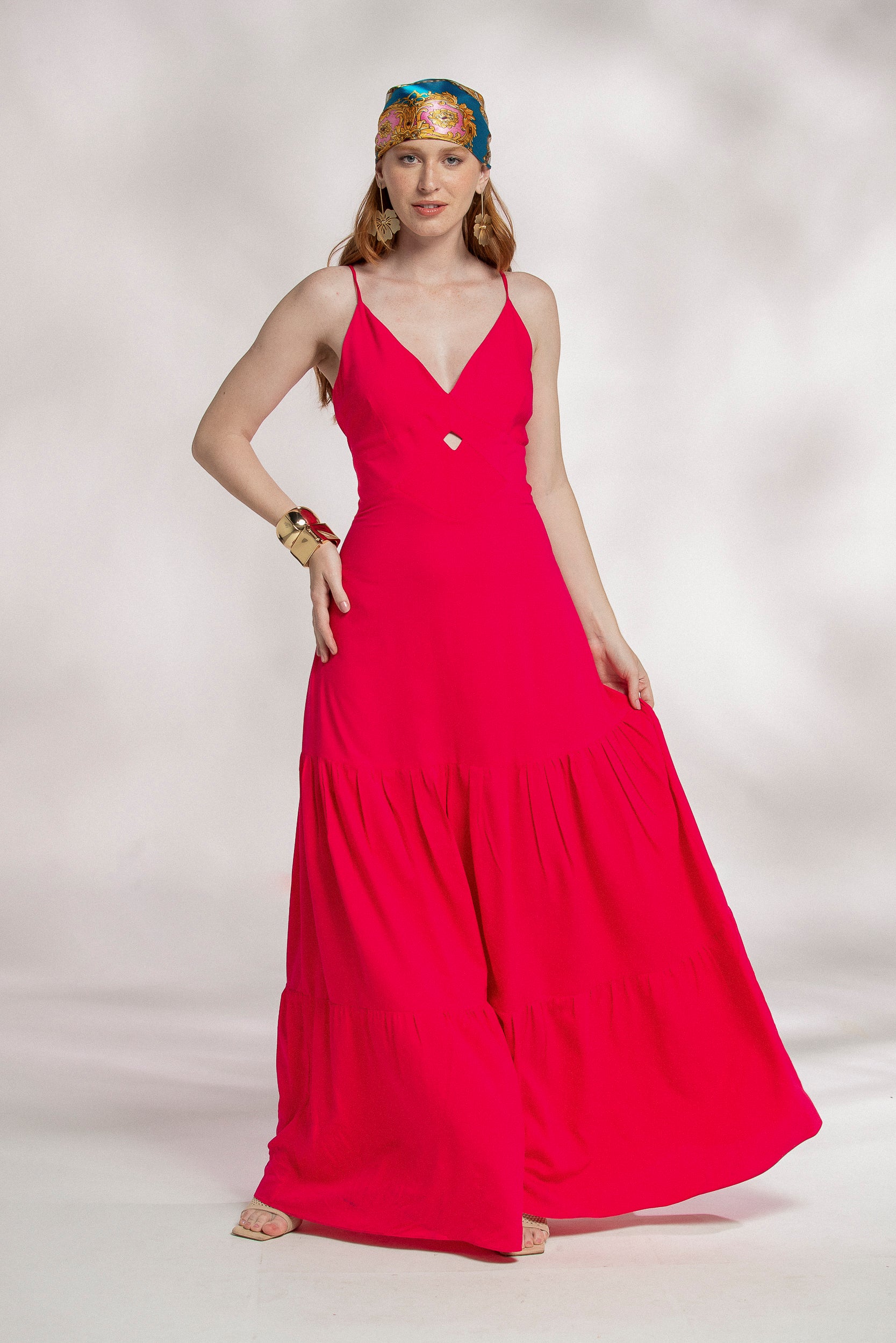 Vestido Longo Viscose Recortes Cut Out Decote V Aramodu, cor rosa pink