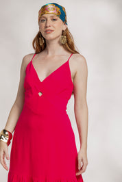 Vestido Longo Viscose Recortes Cut Out Decote V Aramodu, cor rosa pink