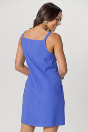 Vestido Alfaiataria Aramodu Botões Forrados Corte Reto Casual, cor azul