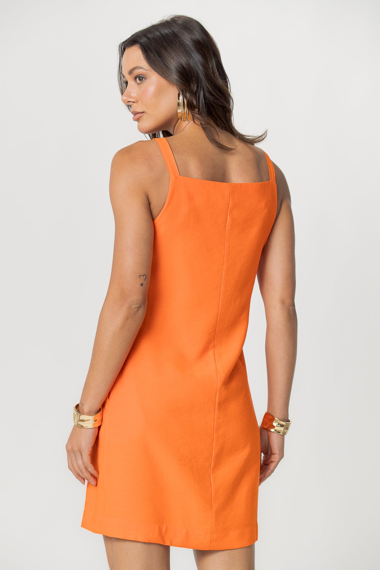 Vestido Alfaiataria Aramodu Botões Forrados Corte Reto Casual, cor laranja