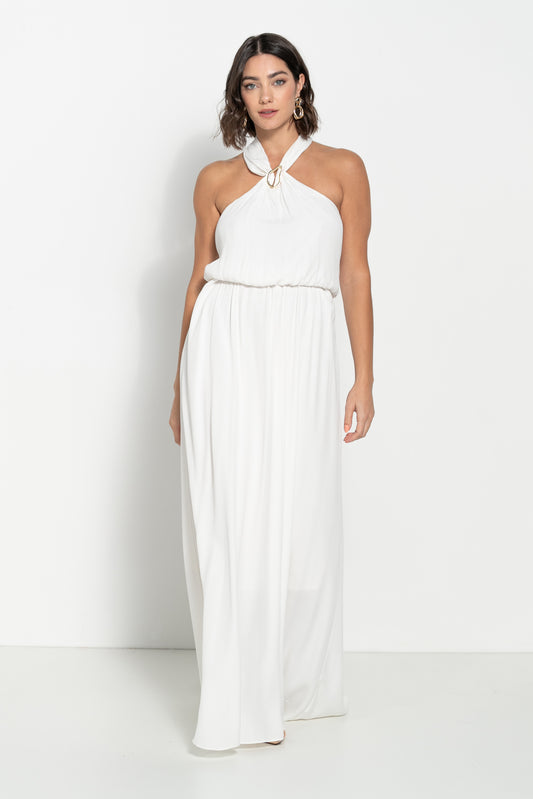 Vestido em crepe com aplique orgânico no decote e faixa.