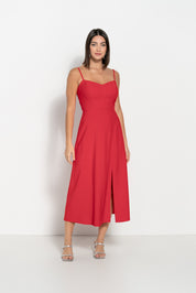 Vestido midi em alfaiataria com alças e decote coração, Vermelho e Off white