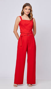 Conjunto em Alfaiataria Aramodu - Top Cropped e Calça Pantalona - Cor Vermelho