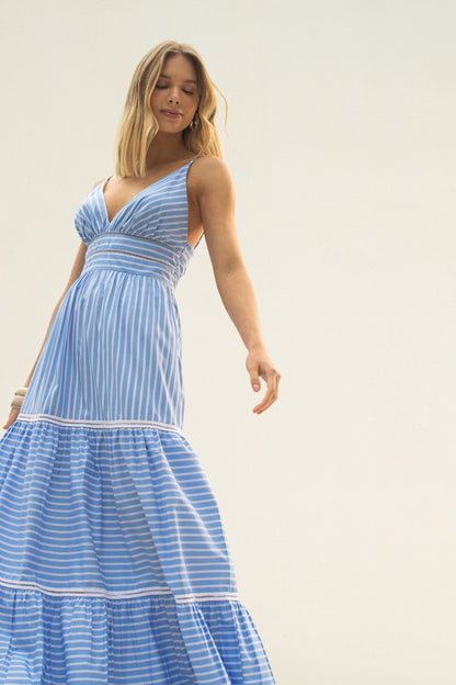 Vestido Longo em Algodão Listrado com Detalhes de Entremeio