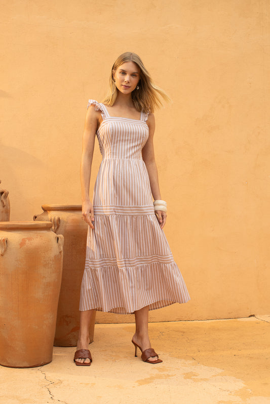 Vestido Midi em Algodão Listrado com Alça